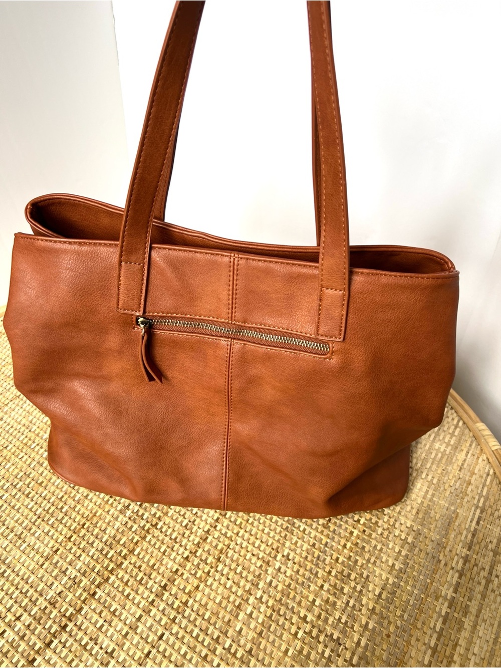 Parisian Casual Boho Chic Slouchy Academ Tote Caramel Cognac Brown Vegan Leather